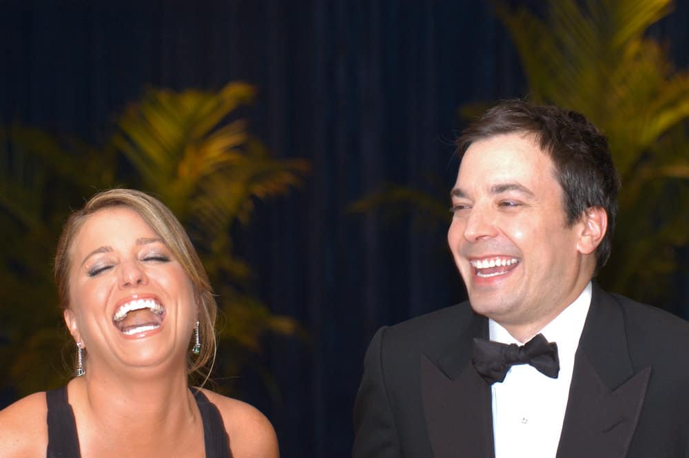 Jimmy Fallon and wife Eve Mavrakis share a laugh at the White House Correspondents Association Dinner May 1, 2010 in Washington, D.C.