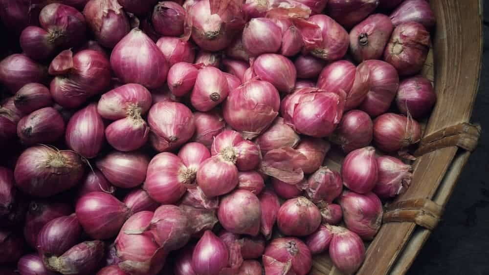 A number of small pink shallots in a basket
