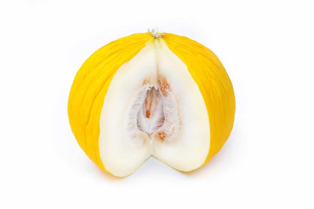 A ripe sliced Casaba Melon with white flesh.