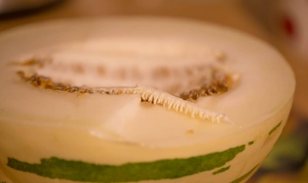 A close-up of a sliced Honey Globe Melon with white flesh.