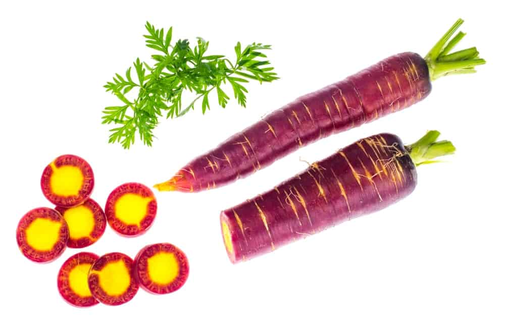 A couple of Cosmic Purple Carrots on a white background with sample slices.