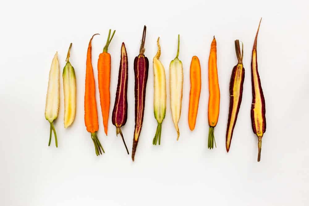 A set of halved Show and Exhibition Carrots showing colorful cores.