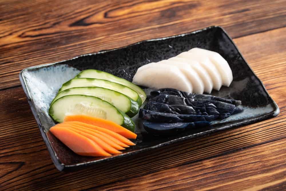 A set of tsukemono traditional Japanese pickled vegetables.
