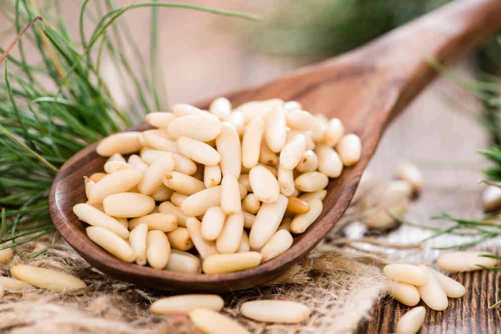 Pine nuts on a wooden spoon.