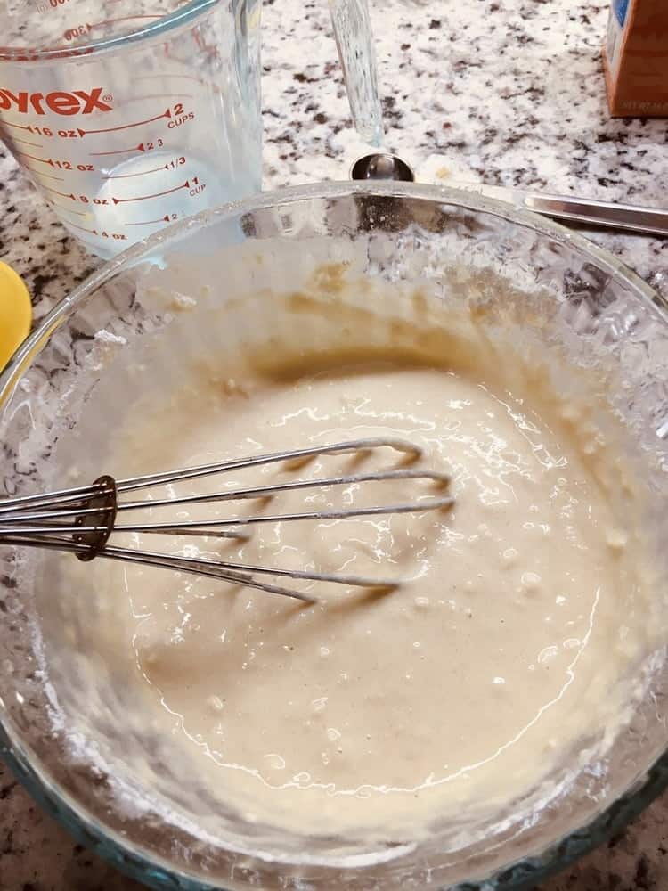 The smooth mixture of wet and dry ingredients.