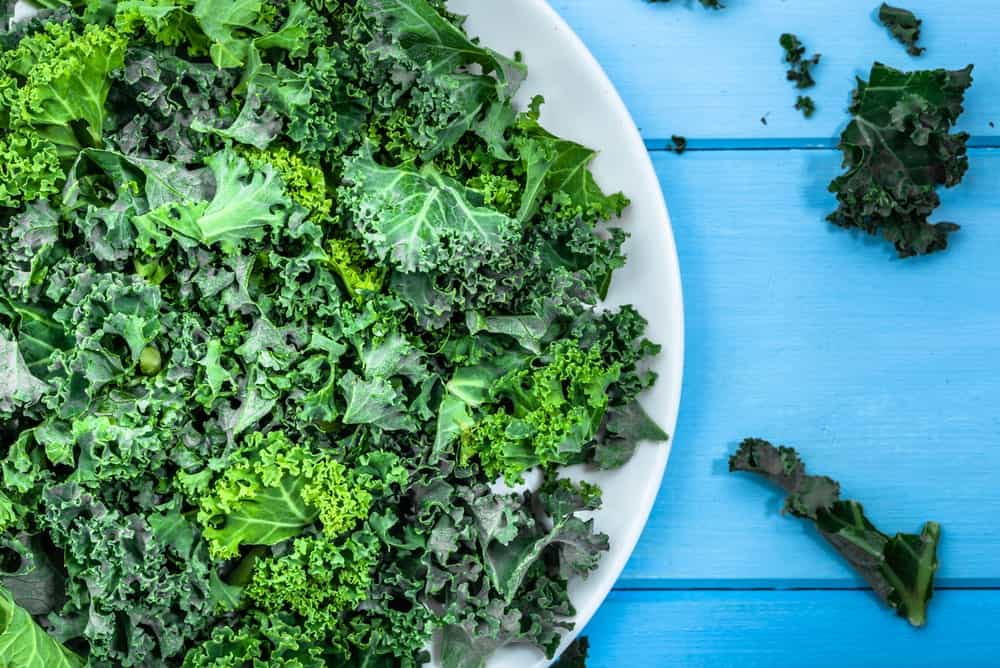 A plate of kale on a blue wooden table.