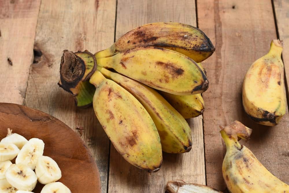 A look at saba bananas with sliced pieces on a wooden plate.