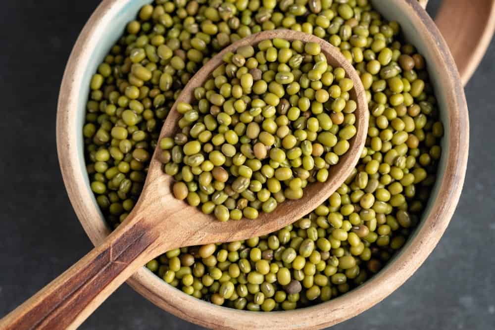 A close look at a bowl of mung beans with a wooden spoon.