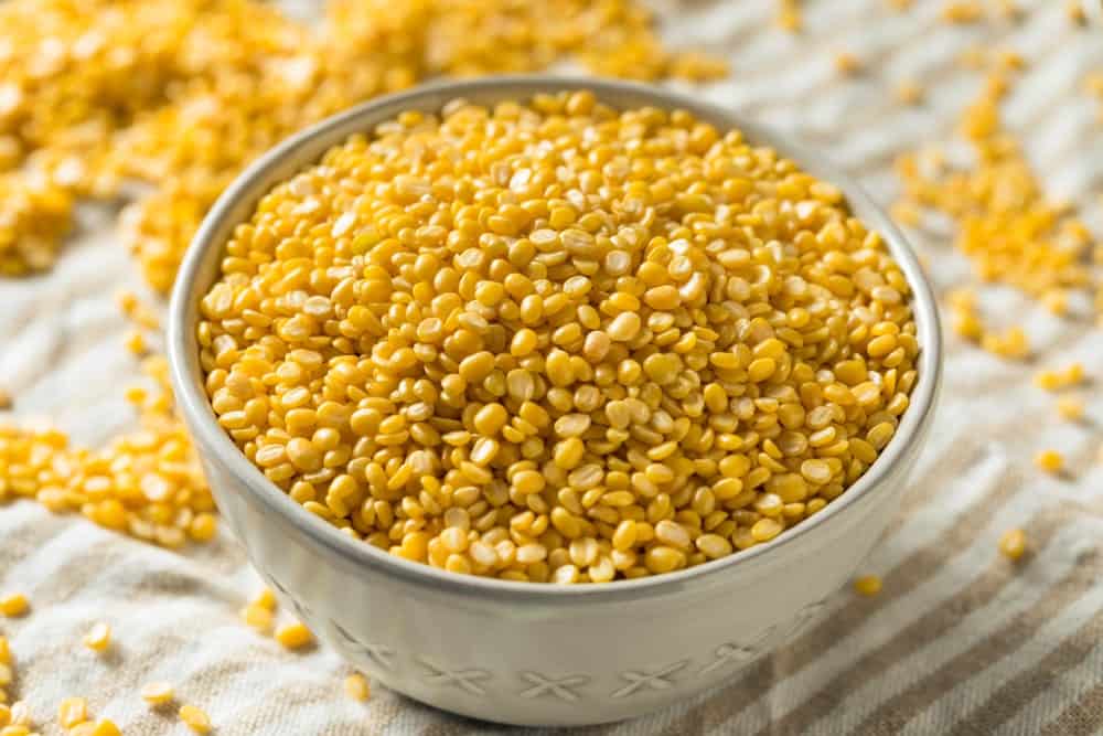 A look at a bowl of yellow split mung beans.