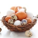 Various different eggs placed on a rustic nest basket.