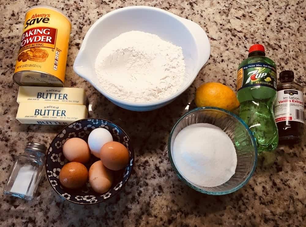 The complete set of ingredients for the cake.