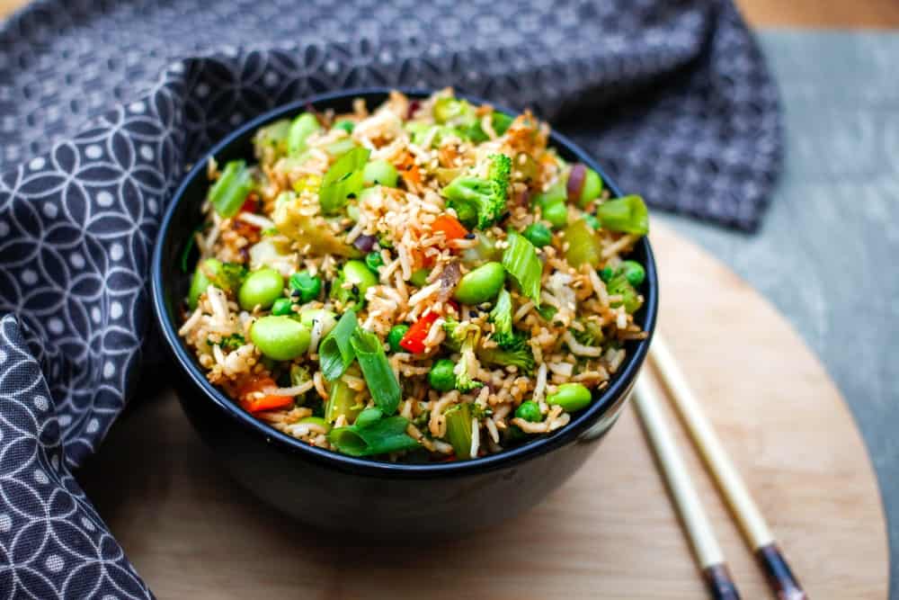 A bowl of freshly cooked vegan fried rice.