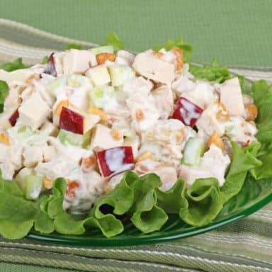 A plate of chicken salad with slices of apples and garnished with lettuce.