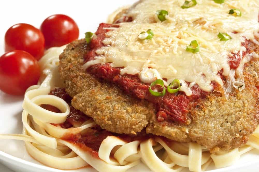 A plate of homemade chicken parmesan.