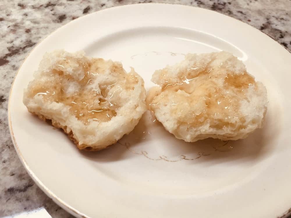 A piece of Southern biscuit cut in half.