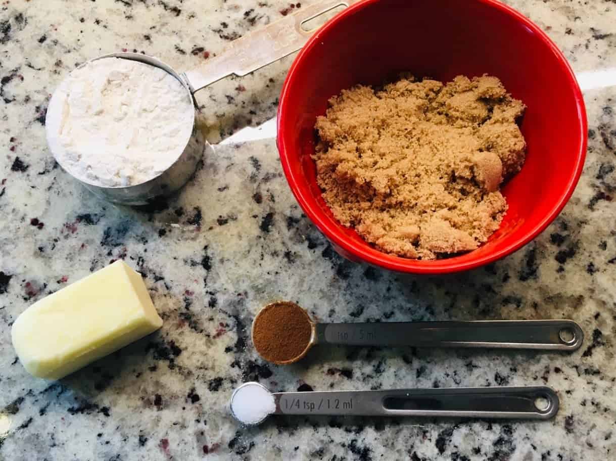 The complete set of ingredients for the crumble topping.
