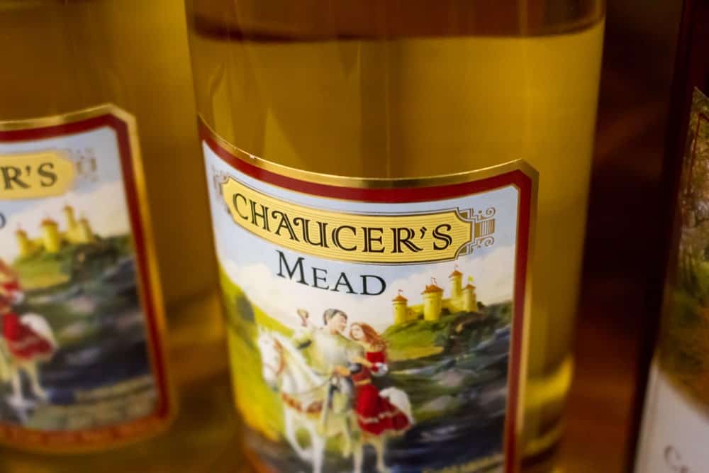 A close look at bottle of Chaucer's Mead sparkling mead.