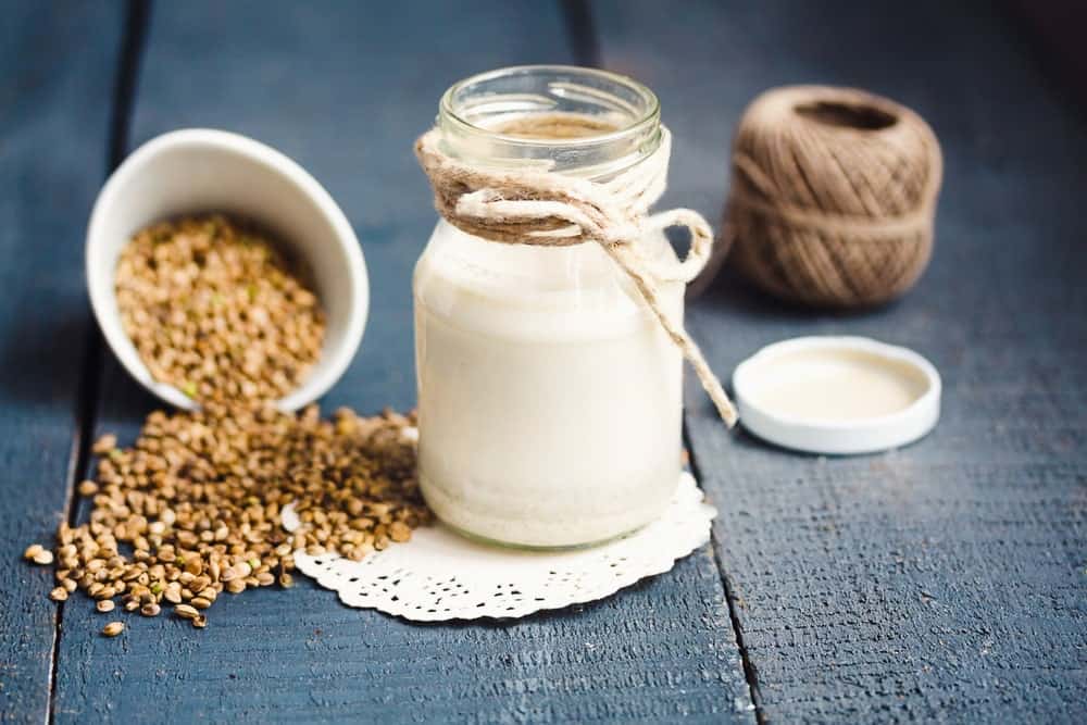 A jar of fresh hemp milk.