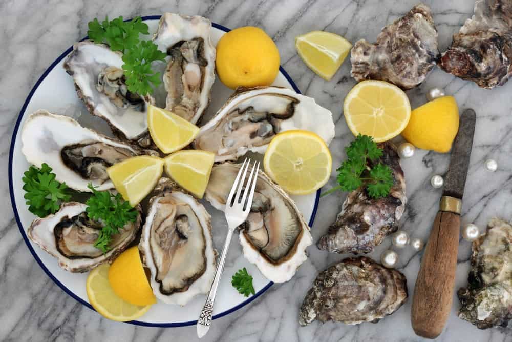 A plate of fresh oysters with slices of lemon.