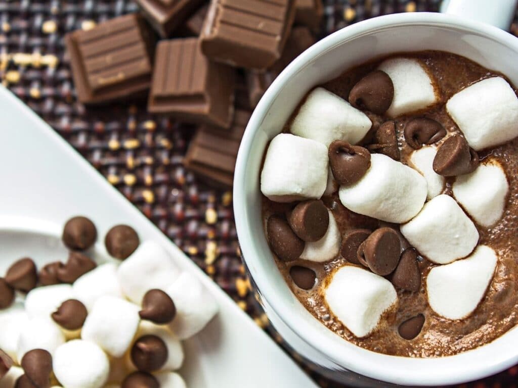 mug of hot chocolate with mini marshmallows and chocolate chips