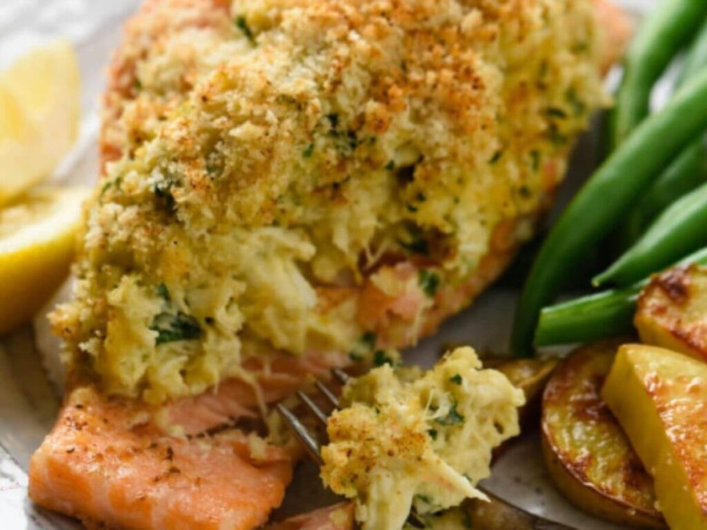 Cooked Salmon Stuffed With Crabmeat