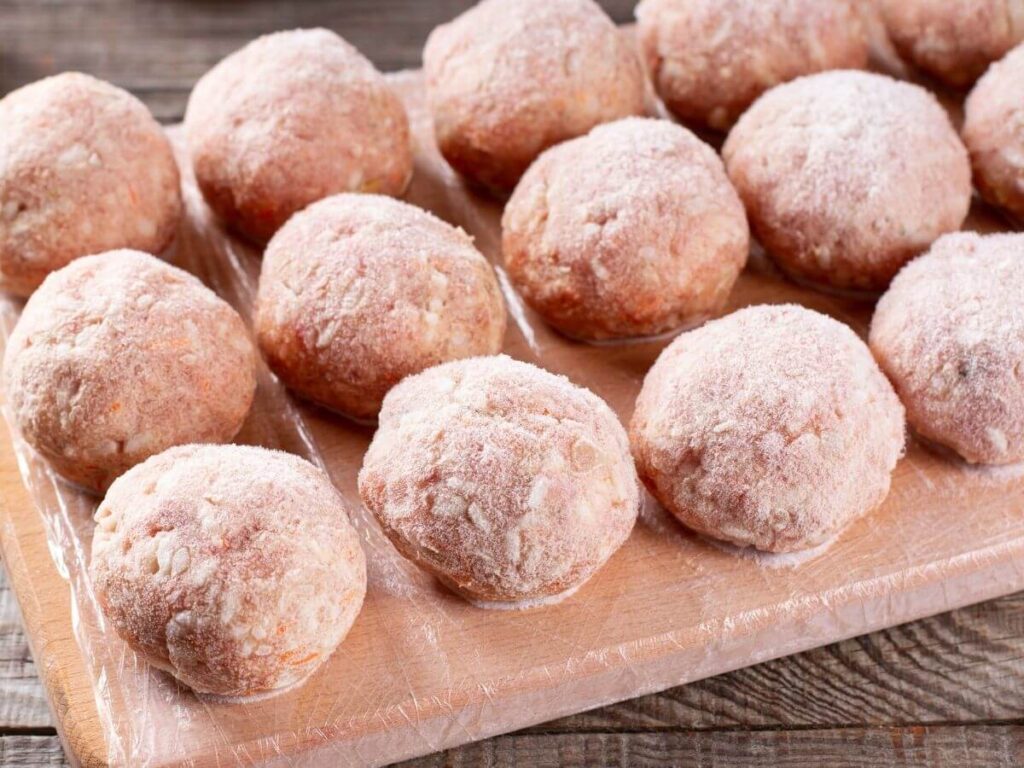 a bunch of Frozen Meatballs on a wooden cutting board