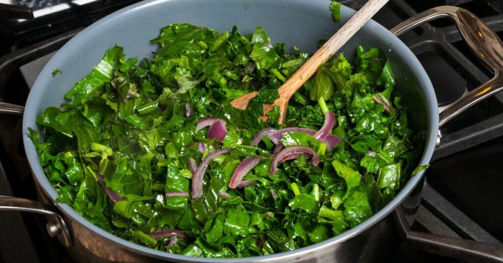pan of Kale cooking on the stovetop