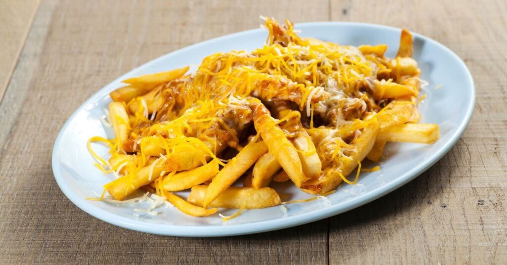 plate of chili cheese fries maded with canned chili