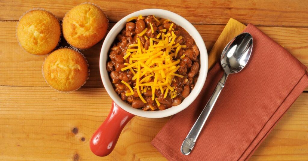 crock of Chili with corn muffins