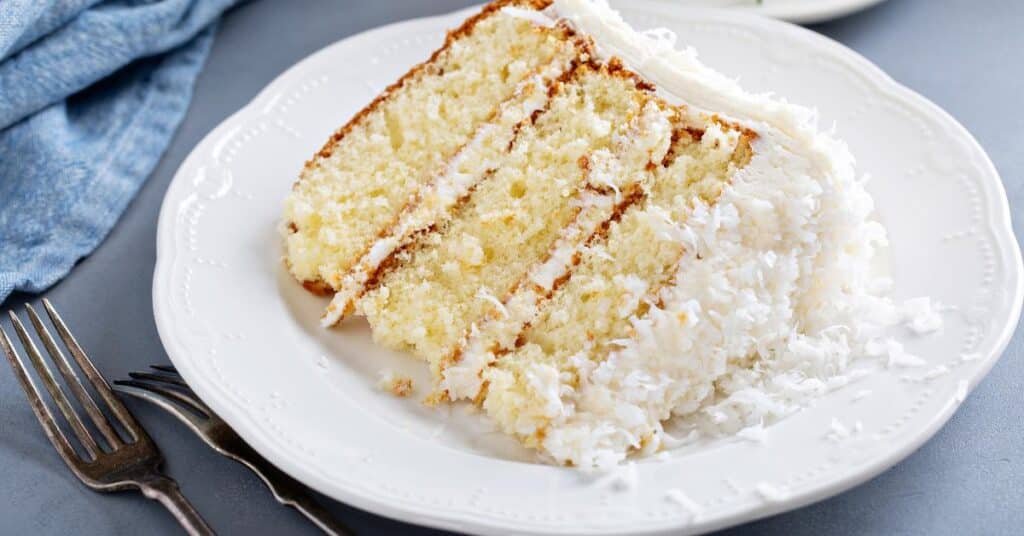 slice of coconut cake made from a mix