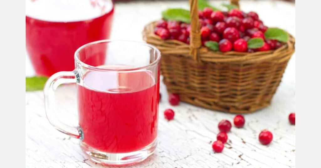 2 glasses of cranberry juice and a basket of fresh cranberries