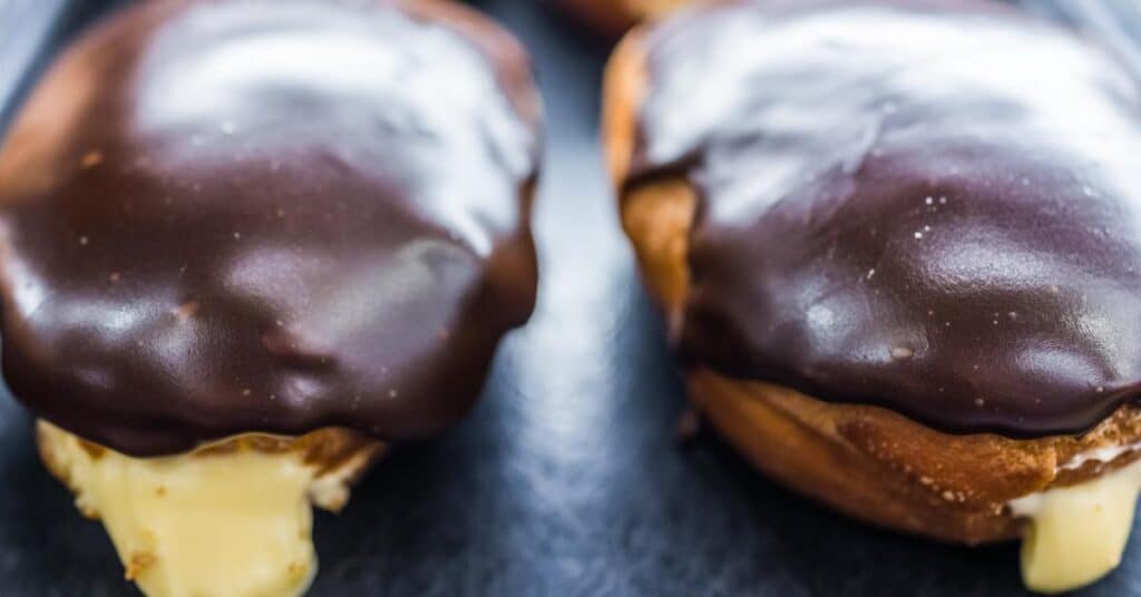 chocolate frosted Bavarian cream donuts