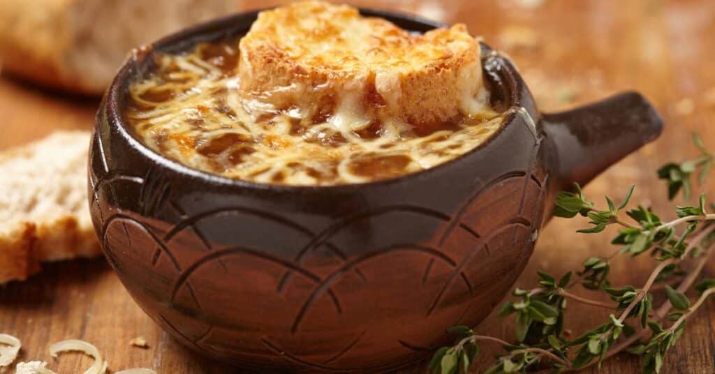 crock of hot onion soup