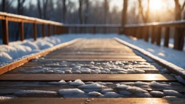 Wooden deck with ice on it.