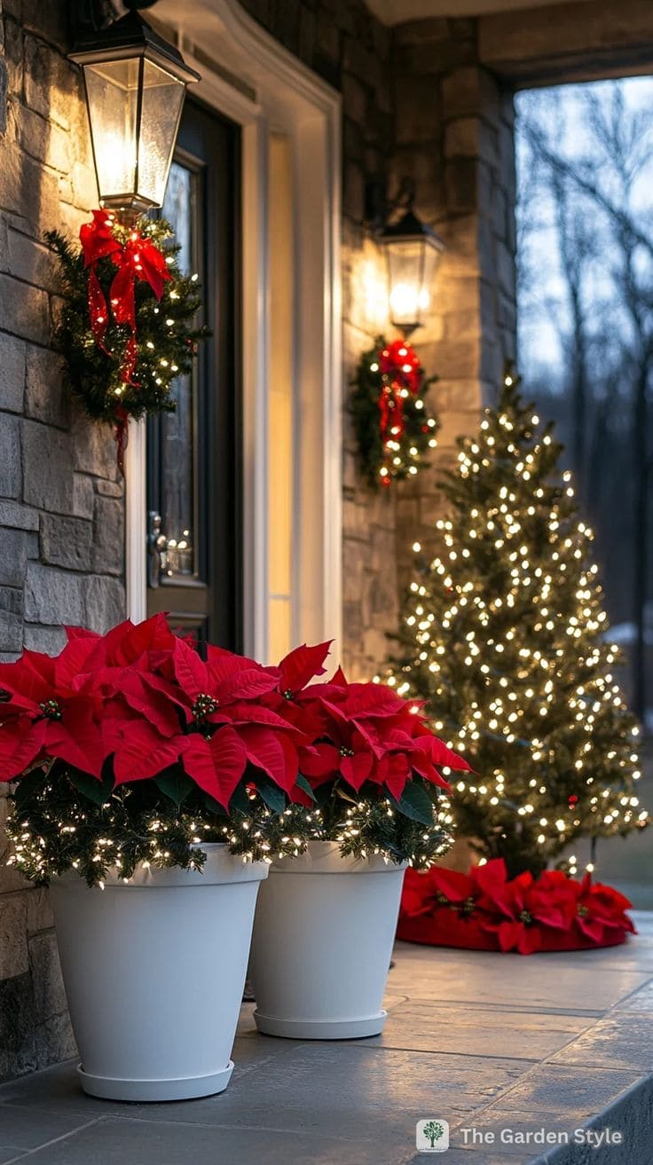 Elegant Poinsettia Porch with Sparkling Lights