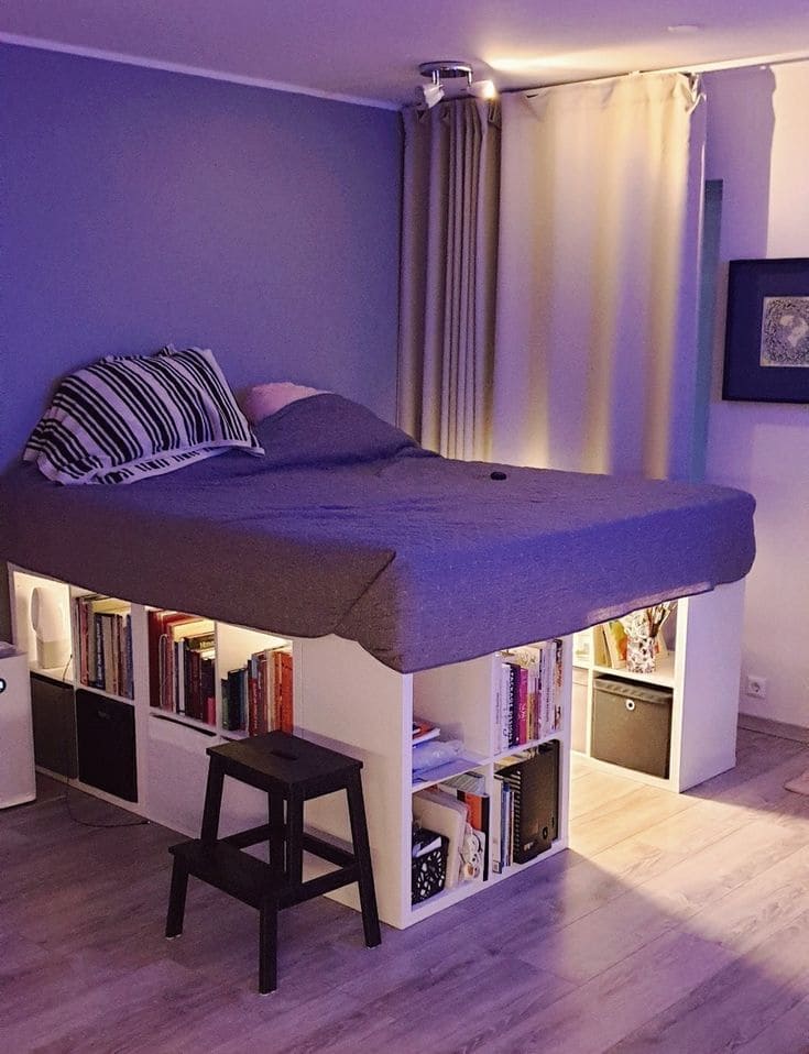 Space-Saving Elevated Bed with Built-In Storage
