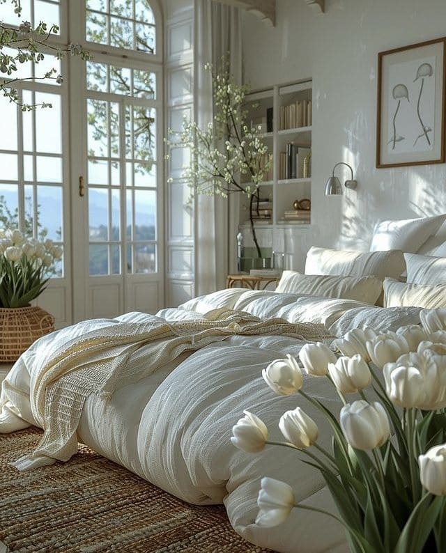 Dreamy White Bedroom with Floral Elegance