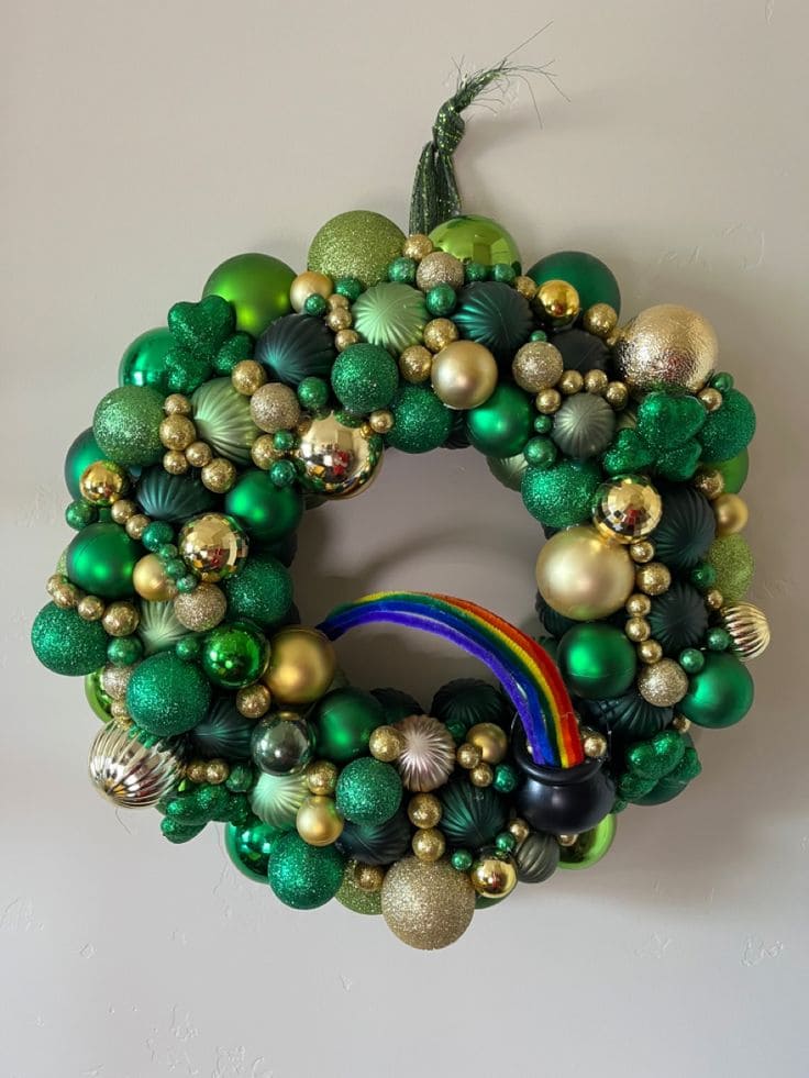 DIY St. Patricks Day Wreath with Shiny Ornaments and Rainbow