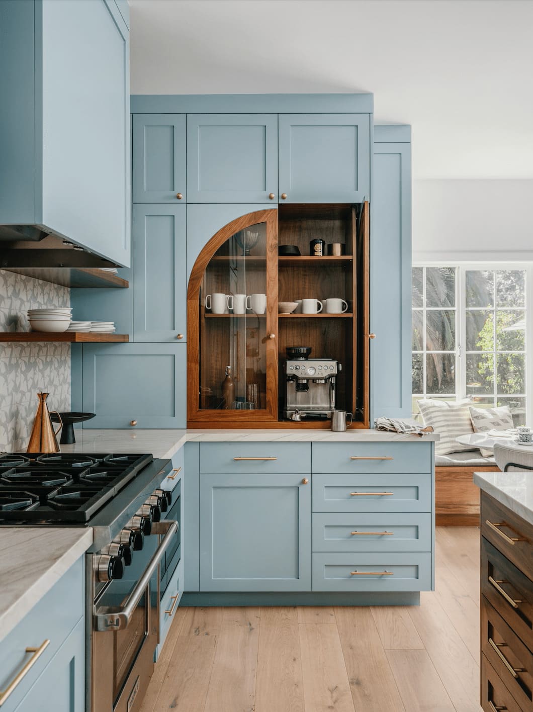 Custom Built-In Coffee Nook with Blue Cabinets