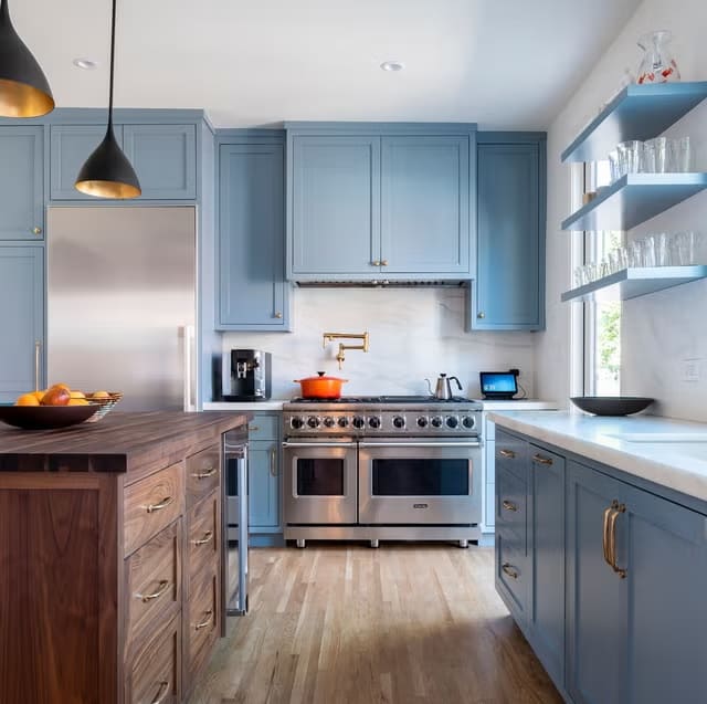 Elegant Blue and Walnut Fusion Kitchen