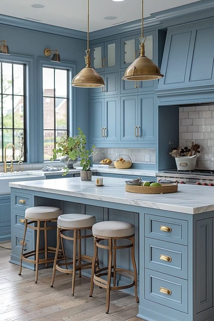 Elegant Powder Blue Kitchen with Brass Details