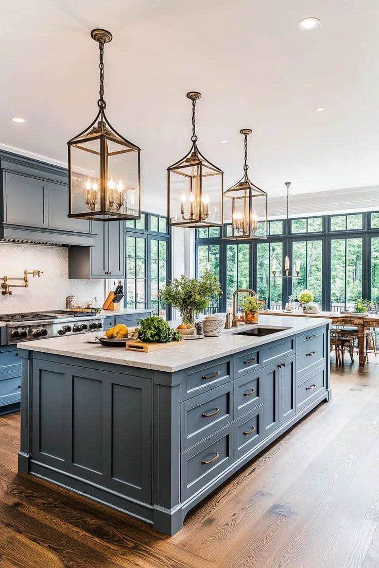Grand Window-Framed Blue Kitchen Island