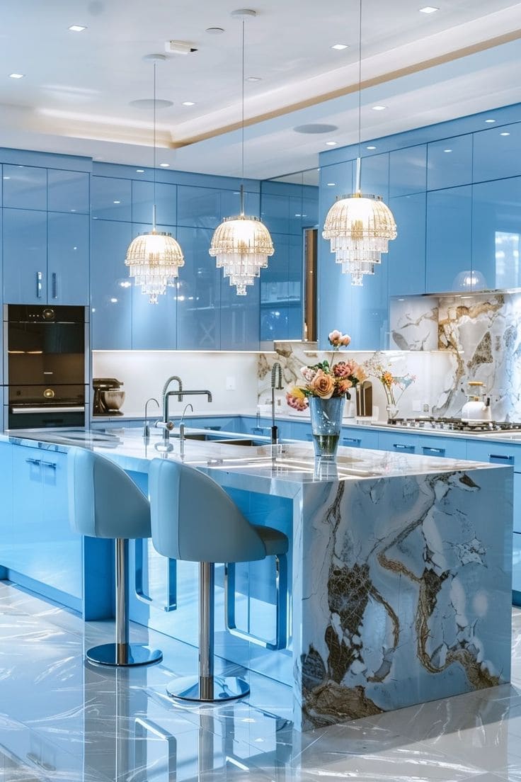High-Gloss Blue Kitchen with Marble Waterfall Island