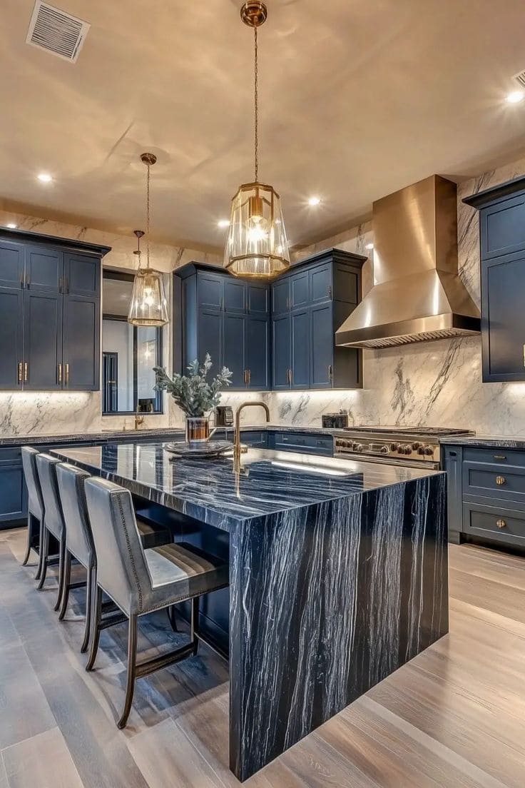 Modern Blue and Black Marble Luxe Kitchen