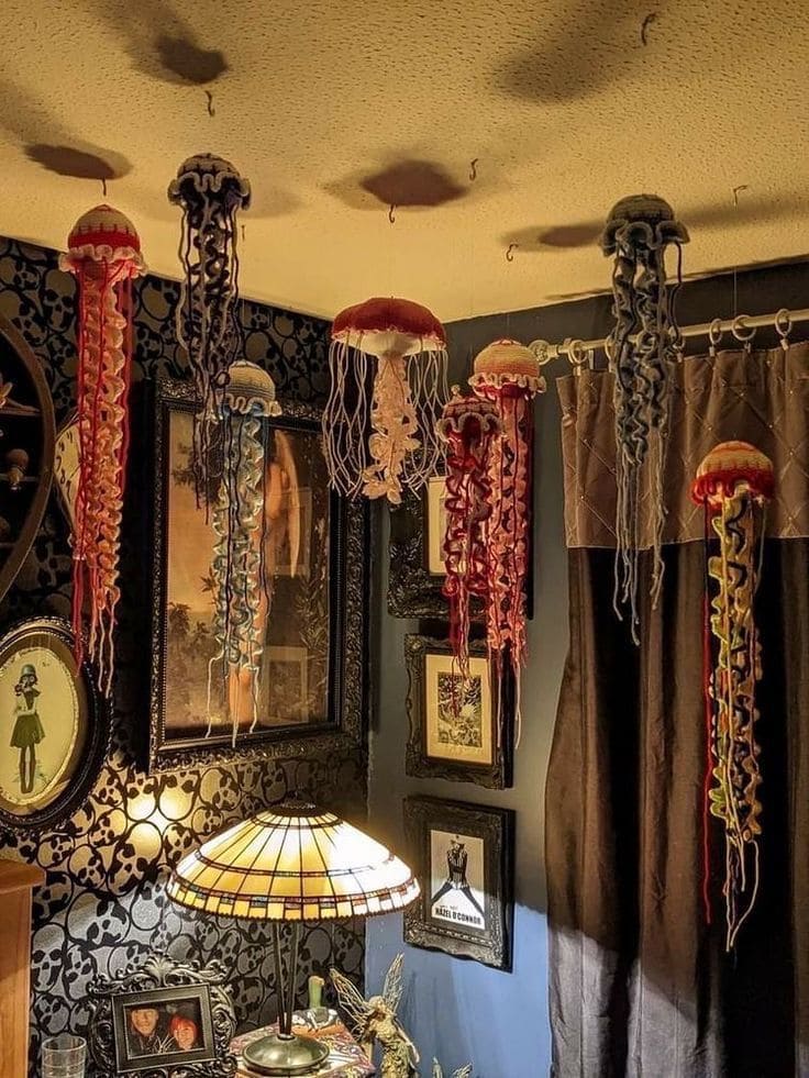 Playful Knitted Jellyfish Ceiling Mobiles