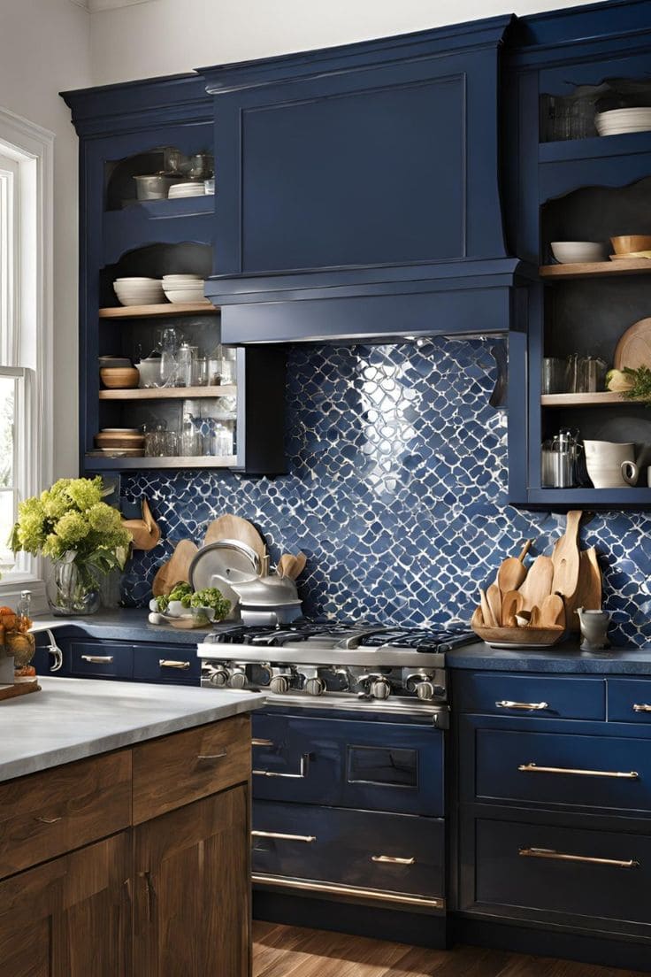 Rich Navy Cabinets with Glossy Backsplash
