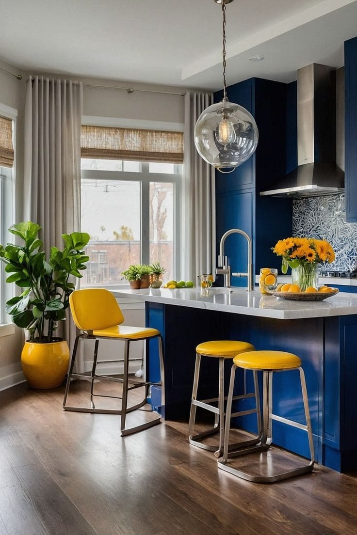 Vibrant Blue Kitchen with Sunny Yellow Accents