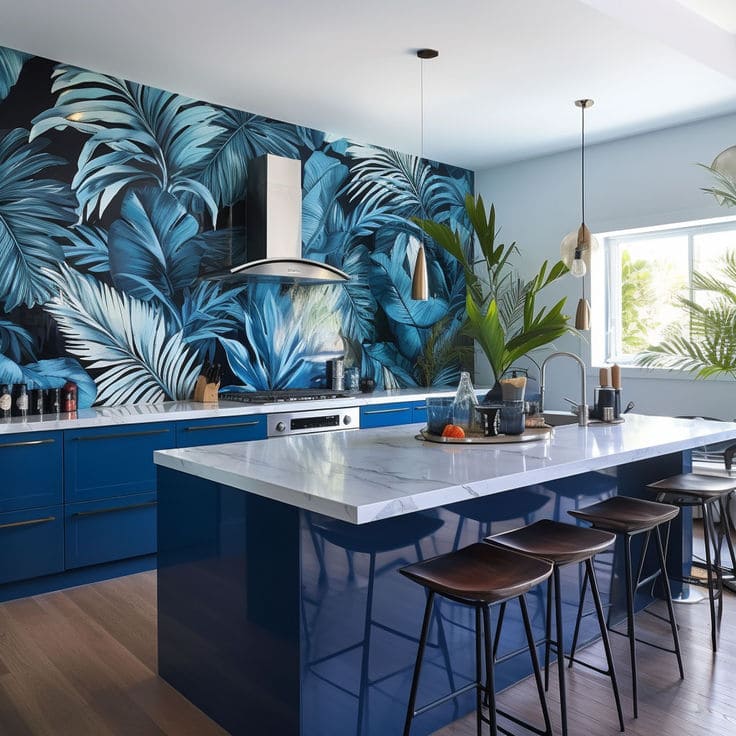 Vibrant Tropical Splash with Leafy Blue Mural