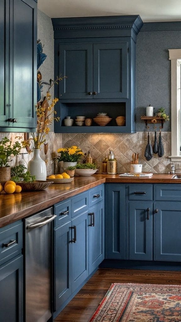 Warm Rustic Charm with Deep Blue Cabinets