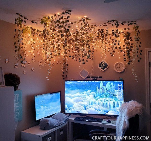 Whimsical Ivy and Fairy Light Canopy Ceiling